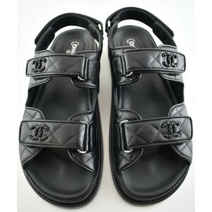 Chanel Black Leather Quilted Chain CC Logo Mule Slide Strap Flat Dad Sandal 36